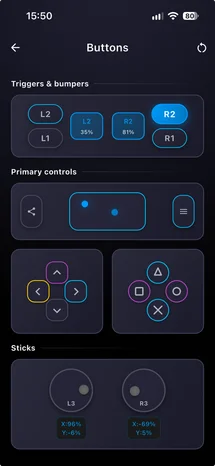 SensePad live input screen with buttons, sticks, and triggers responding in real time