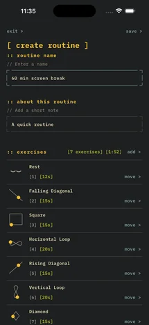 Eye Exercises library screen showing available motion routines