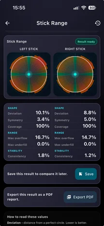 SensePad analog stick drift and circularity test screen