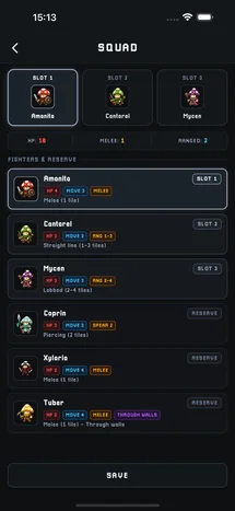 Sporehold squad roster showing unlocked mushroom warrior characters